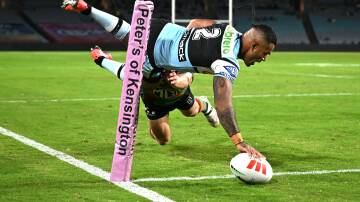 Amazing try by Sharks right winger Sione Katoa in the game against South Sydney. Picture NRL Images