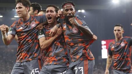 Olympiacos have stunned Aston Villa with a 4-2 win in the Conference League semi-final first leg. (EPA PHOTO)